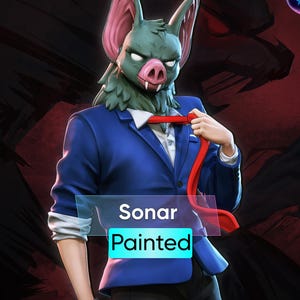 May include: A full-size figure of a bat-like character in a blue blazer and red tie. The figure has a green face, pink ears, and a pig-like snout. The word "Sonar" is displayed above "Painted".