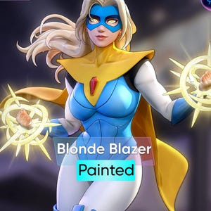 May include: A painted full-size figure of a blonde superheroine. She wears a blue and white suit with a yellow cape and mask. The figure is holding two glowing, star-shaped objects. The text "Blonde Blazer" and "Painted" are visible.