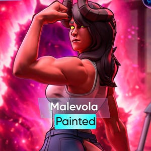 May include: A digital painting of a muscular figure with red skin, black horns, and yellow eyes. The figure is flexing their arm, wearing a white tank top and blue jeans. The text "Malevola Painted" is visible.