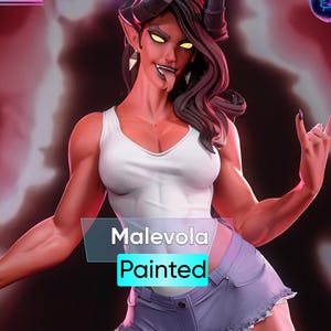 May include: A painted full-size figure of a female demon named Malevola. She has red skin, black horns, and dark hair. She wears a white tank top and denim shorts. The figure is posed with a rock-and-roll hand gesture and her tongue sticking out.