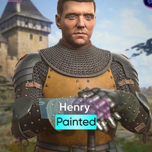 May include: A painted full-size figure of a man in medieval armour. The figure is wearing a chainmail shirt, a yellow and brown tunic, and black gauntlets. The text "Henry Painted" is displayed on the image.