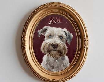 May include: An oval gold framed portrait of a white dog with a brown and white beard and blue eyes. The dog is centered against a burgundy background. The name "Remi" is written in cursive at the top of the portrait.
