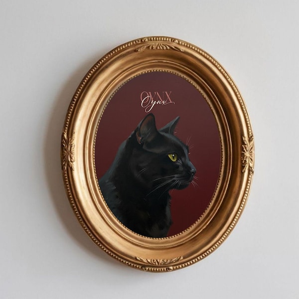 Personalized Amber Bombay Black Cat Portrait: Mini Oil Painting Wall Art Print Decor