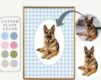Custom Pet Portrait Nursery Print – Personalized Puppy Art with Plaid Background – Baby Room Decor for Boys or Girls – Pet Wall Art