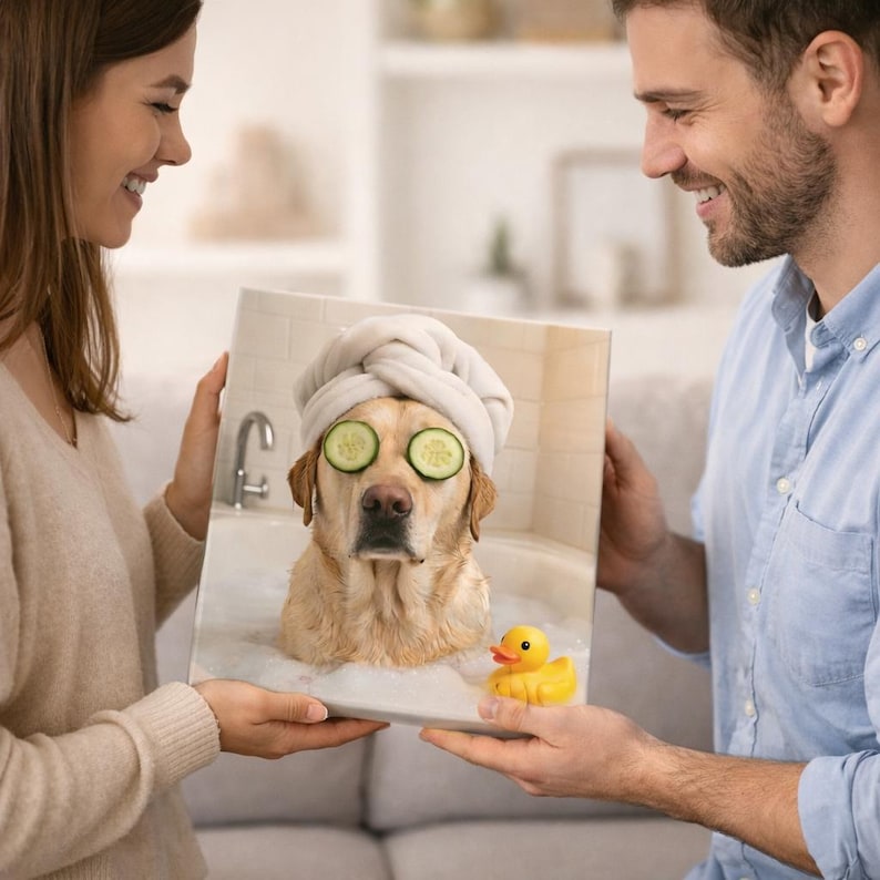 May include: A canvas print featuring a yellow Labrador Retriever in a bathtub with a towel on its head and cucumber slices over its eyes. A yellow rubber duck sits in the bubbles. The print is held by two people.