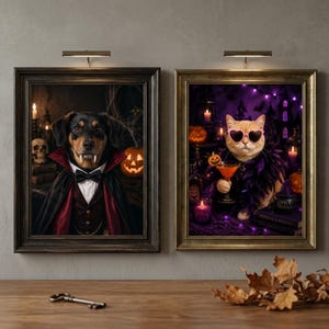 May include: Two framed wall art prints featuring Halloween themes. The left print shows a dog dressed as a vampire in a black and red cape with a bowtie. The right print shows a cat wearing pink heart-shaped sunglasses and a purple feather boa.