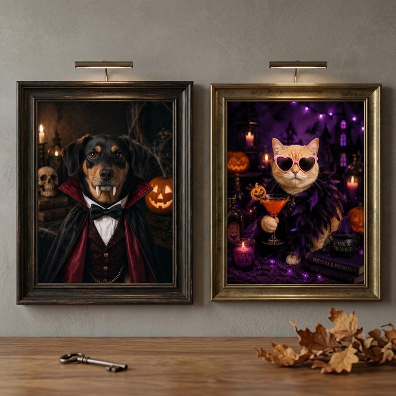 May include: Two framed wall art prints featuring Halloween themes. The left print shows a dog dressed as a vampire in a black and red cape with a bowtie. The right print shows a cat wearing pink heart-shaped sunglasses and a purple feather boa.