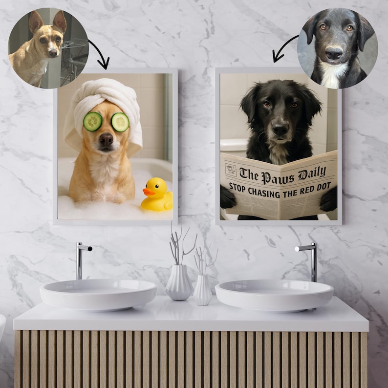 May include: Two framed dog portraits. One shows a tan dog in a bathtub with cucumber slices on its eyes and a yellow rubber duck. The other shows a black dog reading a newspaper titled "The Paws Daily".