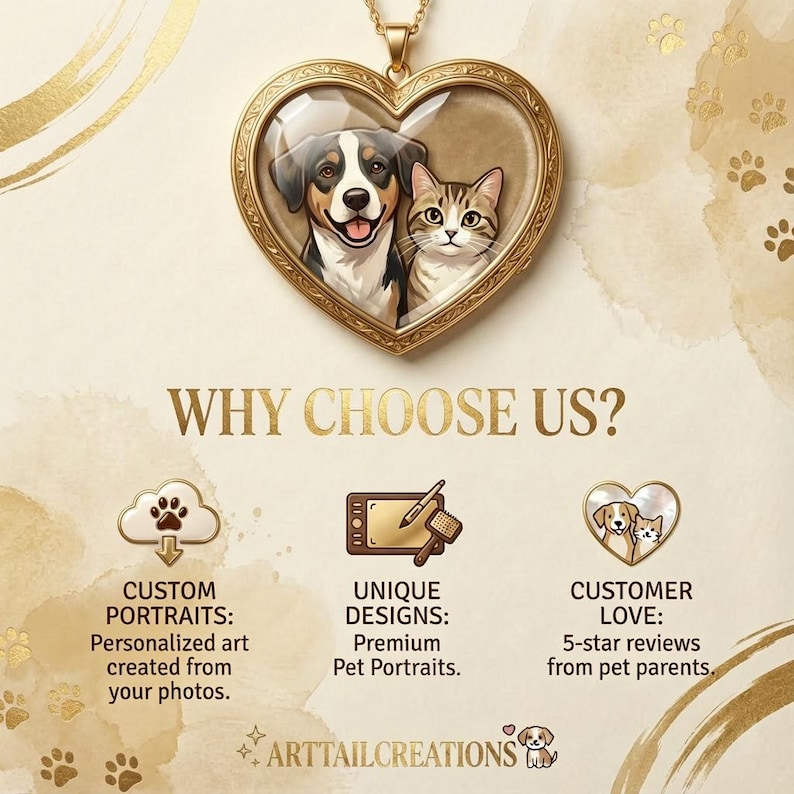 May include: A gold-colored heart-shaped pendant with a portrait of a dog and a cat. The image includes the text "WHY CHOOSE US?" and details about custom portraits, unique designs, and customer love.