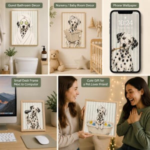 K&ouml;nnte beinhalten: Eine Sammlung gerahmter Kunstdrucke und ein Handy-Hintergrundbild mit Dalmatinerhunden. Die Drucke zeigen die Hunde in verschiedenen Szenarien, darunter ein Badezimmer, das Lesen einer Zeitung und in einer Badewanne. Das Handy-Hintergrundbild zeigt einen Dalmatiner mit einem Stock.