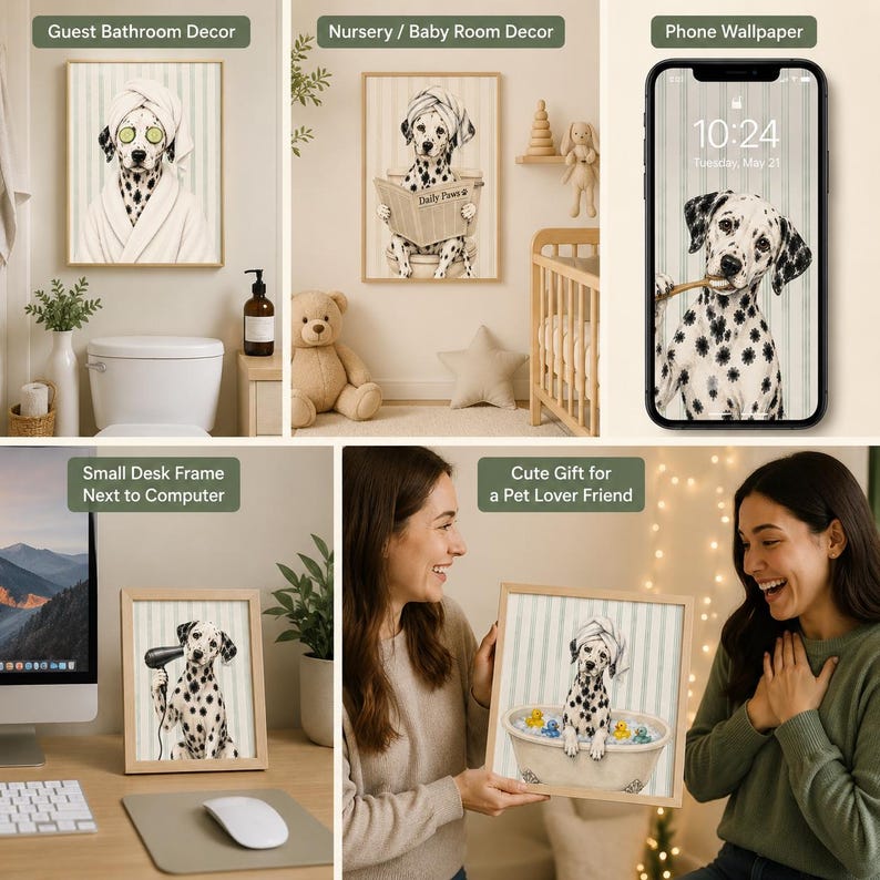 K&ouml;nnte beinhalten: Eine Sammlung gerahmter Kunstdrucke und ein Handy-Hintergrundbild mit Dalmatinerhunden. Die Drucke zeigen die Hunde in verschiedenen Szenarien, darunter ein Badezimmer, das Lesen einer Zeitung und in einer Badewanne. Das Handy-Hintergrundbild zeigt einen Dalmatiner mit einem Stock.