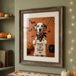 May include: A framed wall art print featuring a Dalmatian dog wearing a black bandana with orange pumpkin patterns. The dog holds a sign that reads TRICK OR TREAT with a bat icon. The background is orange with black bats and a spider web.
