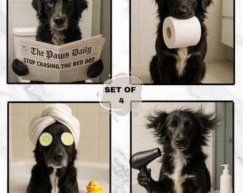Custom Bathroom Pet Portrait Set Of 4, Funny Pet Art Prints (Digital Download)