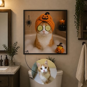 May include: A square wall art print featuring an orange and white cat in a bathtub filled with bubbles. The cat wears an orange pumpkin-themed towel wrap on its head and cucumber slices over its eyes. A small rubber duck with a witch hat sits nearby.