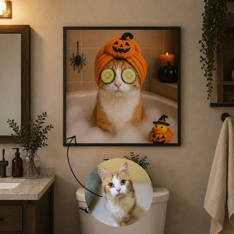 May include: A square wall art print featuring an orange and white cat in a bathtub filled with bubbles. The cat wears an orange pumpkin-themed towel wrap on its head and cucumber slices over its eyes. A small rubber duck with a witch hat sits nearby.