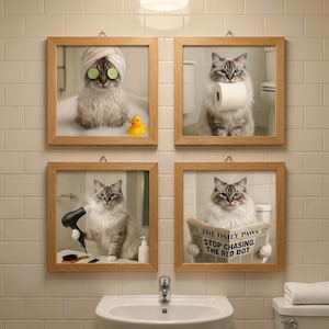 May include: Four framed prints of cats in a bathroom setting. One cat has cucumber slices on its eyes and a towel on its head. Another holds toilet paper, a third uses a hairdryer, and the last reads a newspaper with the headline "THE DAILY PAWS STOP CHASING THE RED DOT."