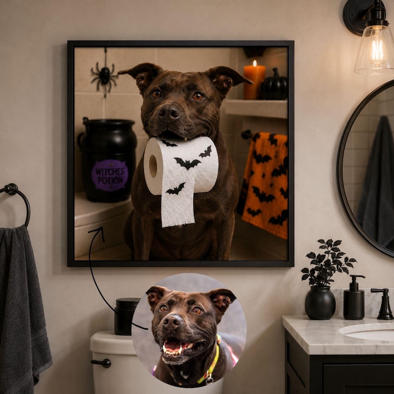 May include: A framed wall art print featuring a brown dog holding a roll of white toilet paper with black bat silhouettes in its mouth. The scene includes a black cauldron labeled Witches Potion, a spider, and an orange towel with black bats.