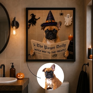 May include: A framed wall art print featuring a tan French Bulldog wearing a purple and black witch hat, holding a newspaper titled The Paws Daily with the headline Witch Way To The Treats, alongside a circular inset showing the same dog.