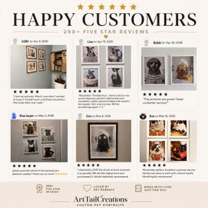 May include: A promotional image showcasing customer reviews for custom pet portraits. The image features framed pet portraits, customer testimonials, and the text "HAPPY CUSTOMERS" and "290+ FIVE STAR REVIEWS". The brand name "ArtTail Creations" is also visible.