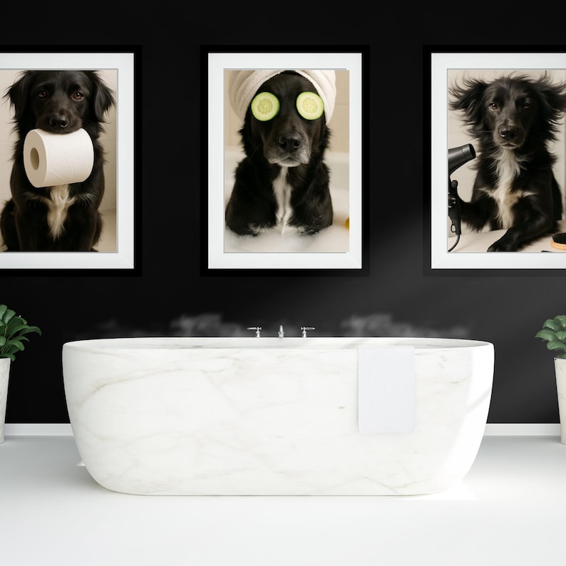 May include: Three framed prints of black dogs in a bathroom setting. One dog holds a roll of toilet paper, another has cucumber slices on its eyes, and the third is using a hairdryer. A white marble bathtub is in the foreground.