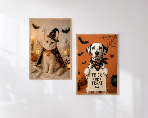 Custom Halloween Pet Portrait, Personalized Dog or Cat Digital Wall Art