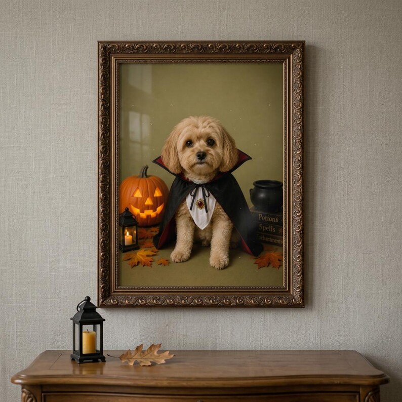 May include: A framed portrait of a light brown dog wearing a black vampire cape with a red lining and a white collar. The dog sits beside a glowing orange jack-o'-lantern, a small black lantern with a lit candle, and a stack of books labeled Potions.