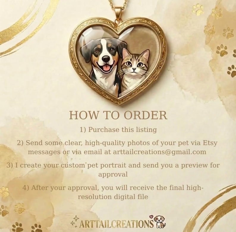 May include: A gold-colored heart-shaped pendant with a portrait of a dog and a cat. The pendant hangs from a gold chain. The image also includes text that says "HOW TO ORDER" and instructions for ordering a custom pet portrait.