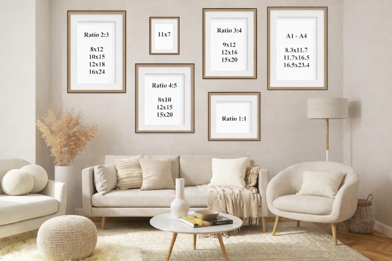 K&ouml;nnte beinhalten: Ein Wohnzimmer mit gerahmten Kunstdrucken in verschiedenen Formaten, darunter 20x30, 25x38, 30x46 und 41x61 cm. Die Rahmen sind &uuml;ber einem beigen Sofa ausgestellt, mit einer neutralen Farbpalette.