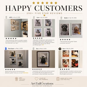 K&ouml;nnte beinhalten: Ein Werbebild mit Kundenbewertungen f&uuml;r individuelle Haustierportr&auml;ts. Das Bild zeigt gerahmte Haustierportr&auml;ts, Kundenrezensionen und den Text "HAPPY CUSTOMERS" und "290+ FIVE STAR REVIEWS". Der Markenname "ArtTail Creations" ist ebenfalls sichtbar.