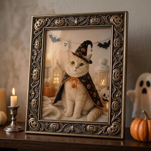 May include: A rectangular bronze-toned picture frame featuring embossed Halloween motifs including pumpkins and bats. The frame contains a photograph of a light-colored cat wearing a black witch hat and a matching cape with orange pumpkin patterns.