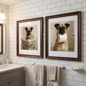 May include: Two framed dog prints in a bathroom setting. One print shows a dog reading a newspaper with the headline "THE DAILY PAWS STOP CHASING THE RED DOT." The other print shows a dog holding a roll of toilet paper.