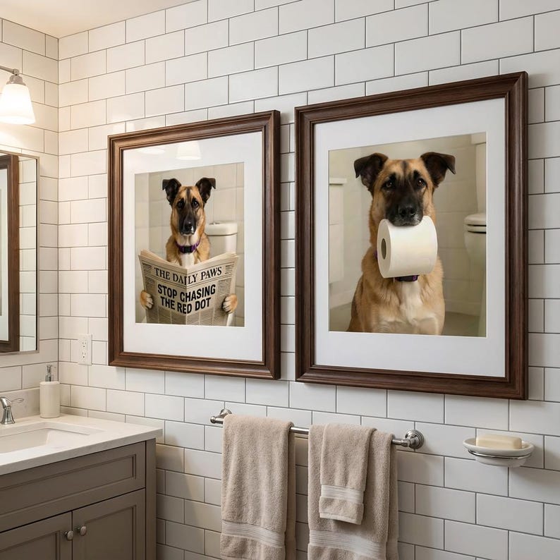 May include: Two framed dog prints in a bathroom setting. One print shows a dog reading a newspaper with the headline "THE DAILY PAWS STOP CHASING THE RED DOT." The other print shows a dog holding a roll of toilet paper.