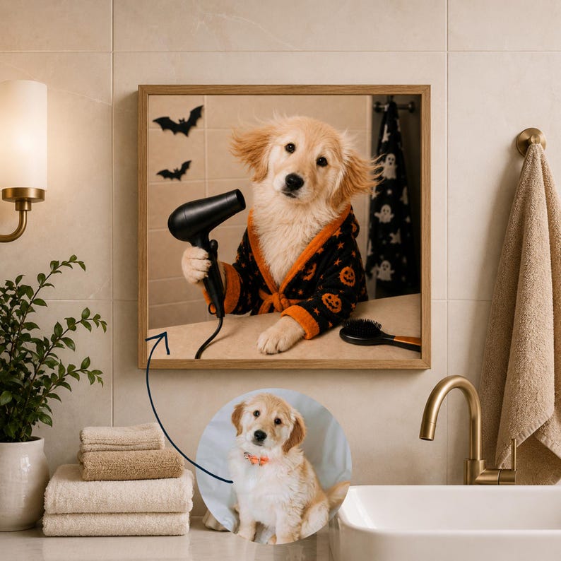 May include: A square framed wall art piece featuring a golden retriever puppy wearing a black bathrobe with orange pumpkin patterns, holding a black hair dryer. A smaller circular inset shows the same puppy wearing an orange collar.