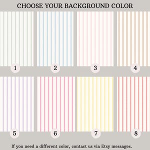K&ouml;nnte beinhalten: Bild mit acht Hintergrundfarben mit vertikalen Streifen. Die Optionen umfassen wei&szlig;e, hellblaue, rosa, beige, lavendelfarbene, hellrosa, gelbe und rote Streifen. Der Text oben lautet "CHOOSE YOUR BACKGROUND COLOR".
