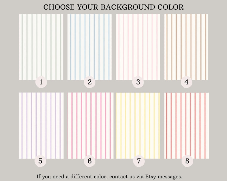 K&ouml;nnte beinhalten: Bild mit acht Hintergrundfarben mit vertikalen Streifen. Die Optionen umfassen wei&szlig;e, hellblaue, rosa, beige, lavendelfarbene, hellrosa, gelbe und rote Streifen. Der Text oben lautet "CHOOSE YOUR BACKGROUND COLOR".
