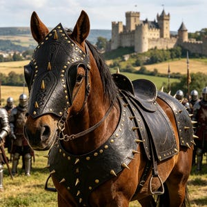 May include: A brown horse wearing black leather armor with gold-colored metal studs and spikes. The armor covers the head, chest, and back, featuring a saddle and stirrups. The horse is positioned in a field with knights in armor nearby.