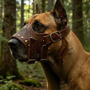Könnte beinhalten: Ein brauner Leder-Hundemaulkorb mit dekorativen Nieten und einem geätzten Design. Der Maulkorb hat verstellbare Riemen und einen Schnallenverschluss. Der Hund hat braunes und schwarzes Fell. Der Hintergrund ist eine verschwommene Waldszene.
