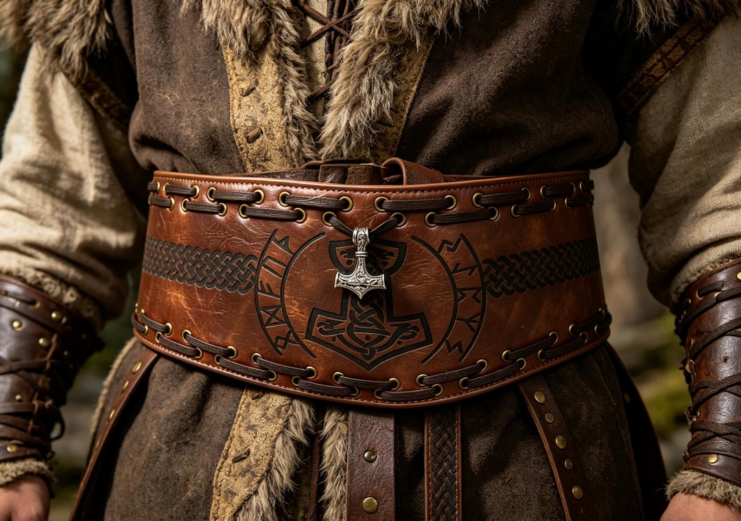 Handcrafted Viking Belt – Faux Leather, Mjolnir, Runes, Norse Waist ...