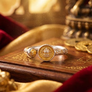 Pode incluir: Uma pulseira de prata e ouro com um design ornamentado. A pulseira apresenta um medalhão dourado com uma figura detalhada no centro. A pulseira está apoiada em uma caixa de madeira com entalhes decorativos. Moedas de ouro e uma estátua estão ao fundo.