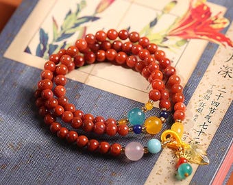 Pulsera de ágata roja Nanhong de triple vuelta / Mala budista, regalo de cristal curativo