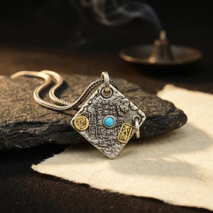 May include: Silver pendant necklace with a square, textured pendant. The pendant has a turquoise stone in the centre, with gold-toned and engraved accents. The necklace is on a silver chain, against a dark background.