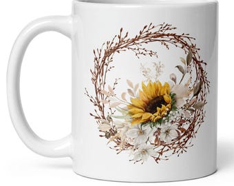 Sunflower Daisy Wreath Mug – Rustic Farmhouse Coffee Cup | Nature Lovers Mug | Thoughtful Gift Ideas