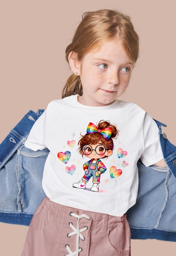 Rainbow Girl Clipart PNG, Cute Cartoon Girl with Glasses and Bow, Kids T-Shirt Sublimation Design, Printable Digital Download