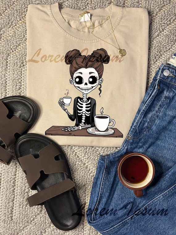Halloween Skeleton Girl Coffee PNG: Spooky Retro Digital Download