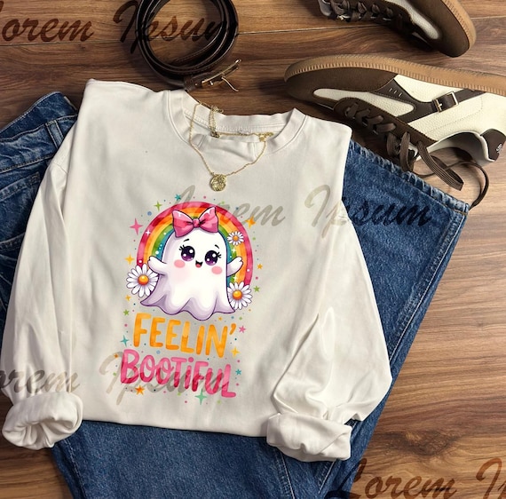 Cute Ghost PNG | Feelin’ Bootiful Halloween Rainbow Design | Kawaii Girly Ghost with Bow and Flowers | Sublimation Digital Download