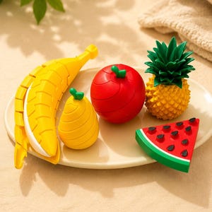 3D-utskrivet låtsasmatsset med frukt, banan, äpple, päron, ananas och vattenmelon, rollspel för barn i köket
