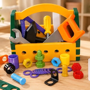 Può includere: Una cassetta degli attrezzi giocattolo in legno gialla e verde contenente vari utensili in plastica colorati, tra cui una chiave inglese, un martello, un cacciavite e una sega. Davanti sono sparsi dadi, bulloni, rondelle e pezzi di giunzione.