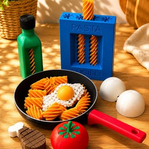 May include: A toy set featuring a black frying pan with a red handle containing orange fusilli pasta and a fried egg, a blue pasta extruder labeled PASTA FUSILLI, a green bottle, two white egg halves, a brown meat piece, and a red tomato.