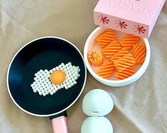 Set da gioco di cucina stampato in 3D, scatola di pasta giocattolo con padella, uovo e ciotola, cibo giocattolo da cucina per bambini, giocattolo per giochi di ruolo