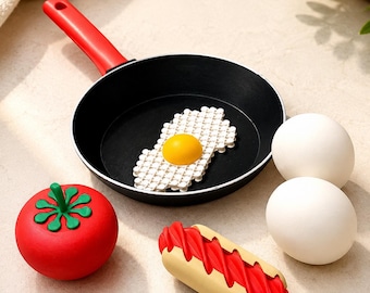 3D Printed Pretend Breakfast Play Set, Toy Frying Pan with Egg, Tomato and Hot Dog, Kids Kitchen Play Food